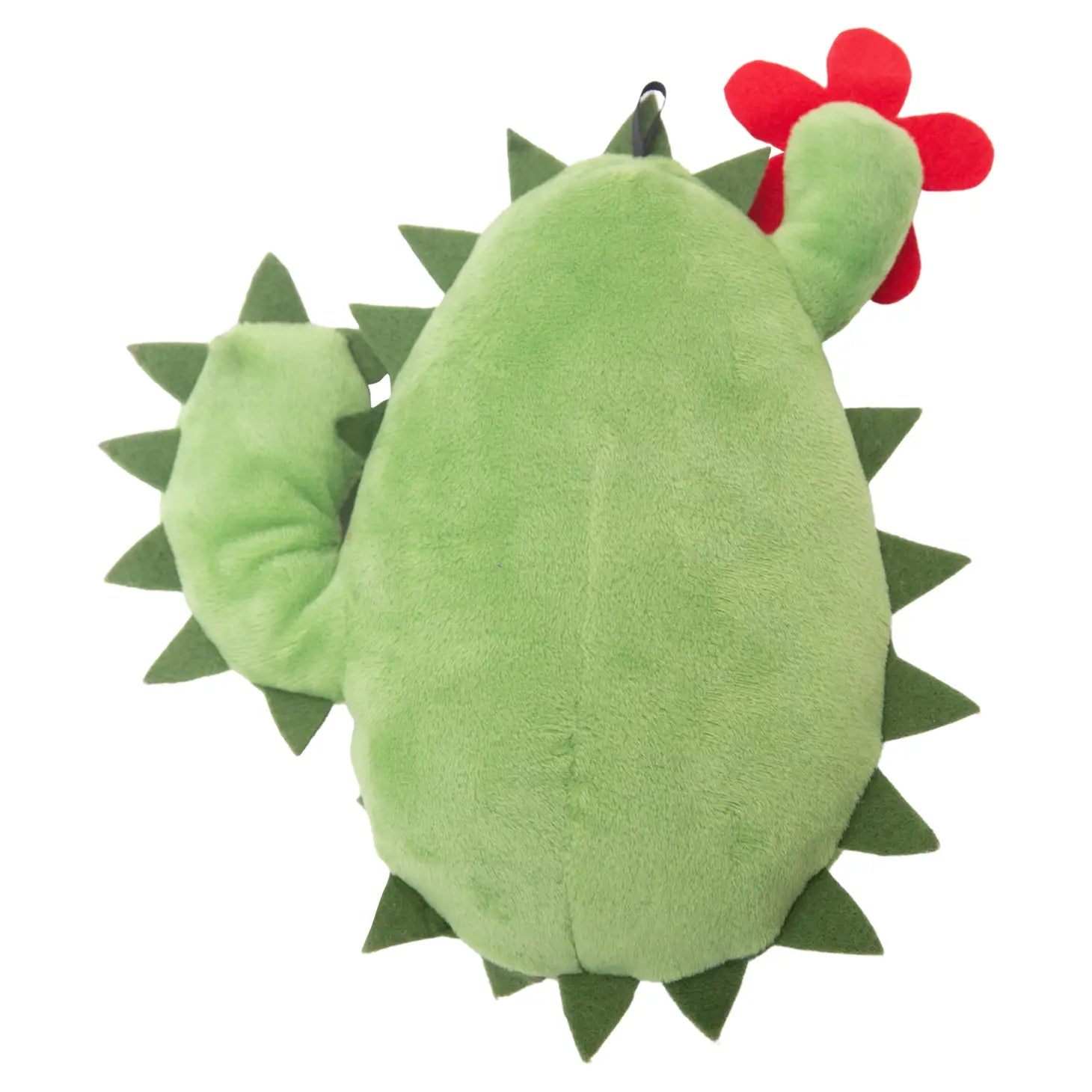 Isolated rear view of a plushy cactus dog toy with a red flower