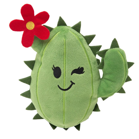 Isolated cactus plushy dog toy with a smirk, flowing lashes and a red flower