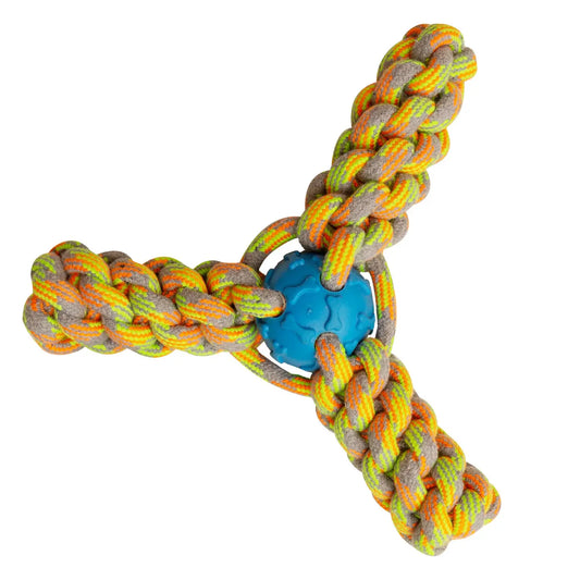 Fling N' Fun Rope Dog Toy is a braided rope dog toy with a blue ball in the center