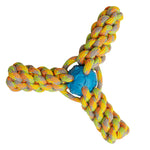 Fling N' Fun Rope Dog Toy is a braided rope dog toy with a blue ball in the center