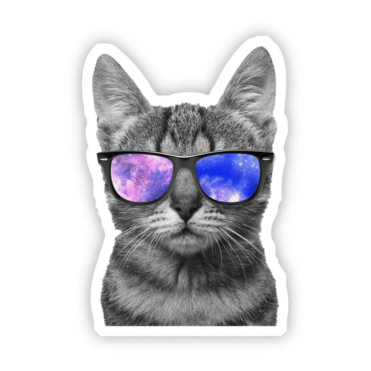 Vinyl cat sticker. This gray cat is wearing black sunglasses.