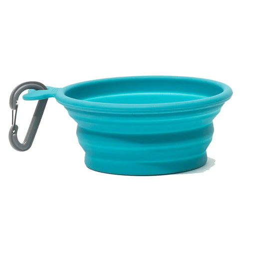 Isolated collapsible blue bowl with a gray carabiner 