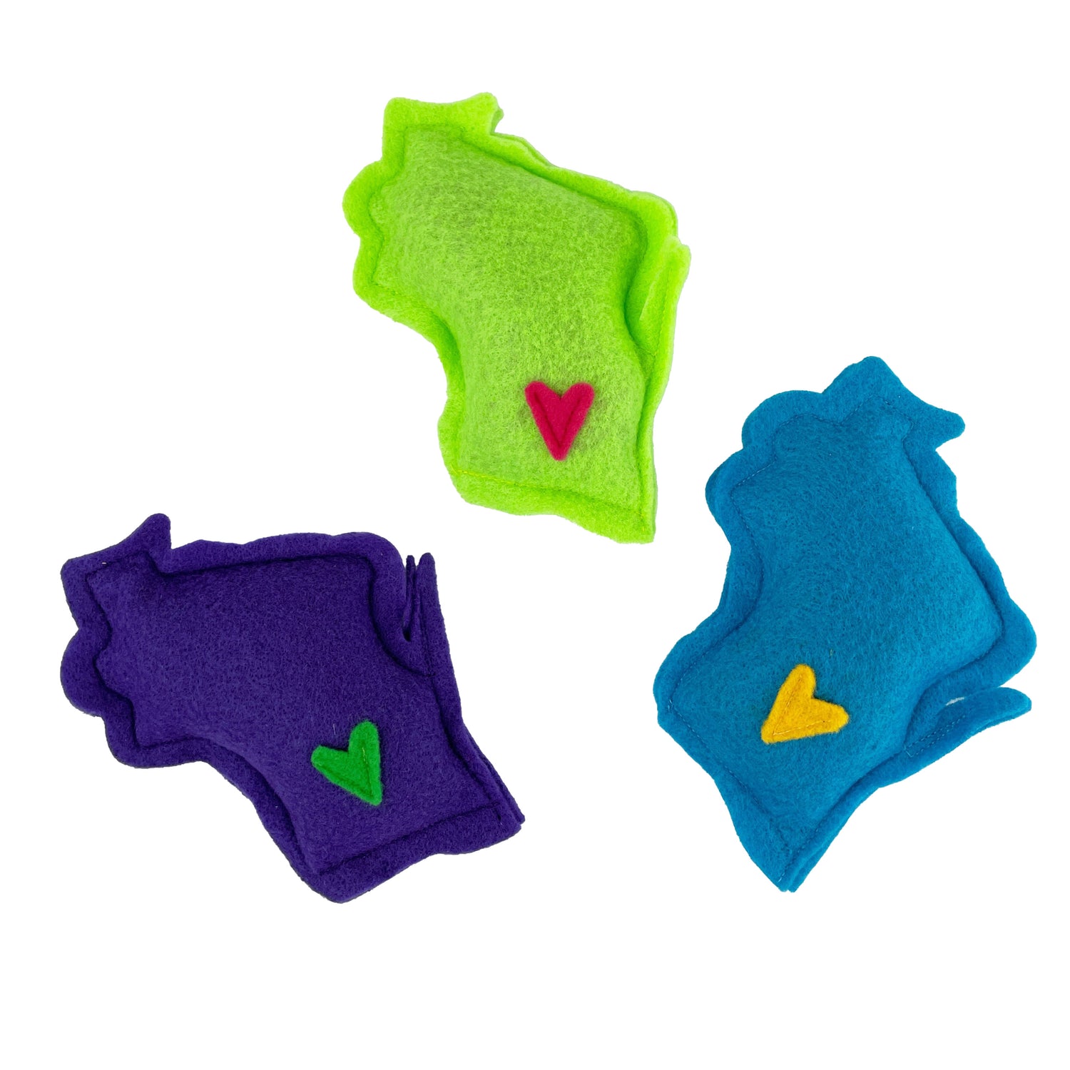 1 green, 1 purple, and 1 blue cat toy shaped like the state of Wisconsin with a heart over the Madison area