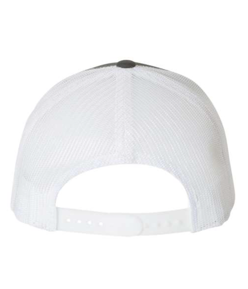 trucker hat with white mesh back and an adjustable strap