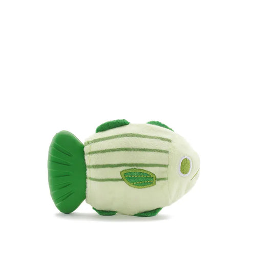 Isolated green cod dog toy. The tail of the cod is exposed revealing hard plastic underneath