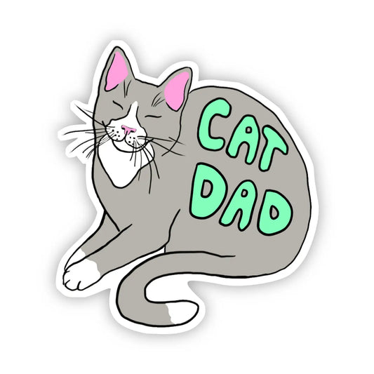 Vinyl cat sticker with green text on the body of the cat that says "Cat Dad"