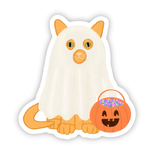 Vinyl sticker of an orange cat in a Halloween ghost costume with a jackolantern candy bucket.