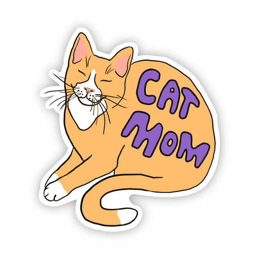 Vinyl sticker of an orange cat with its eyes closed and smiling. The text on the cat is purple and reads "Cat mom".
