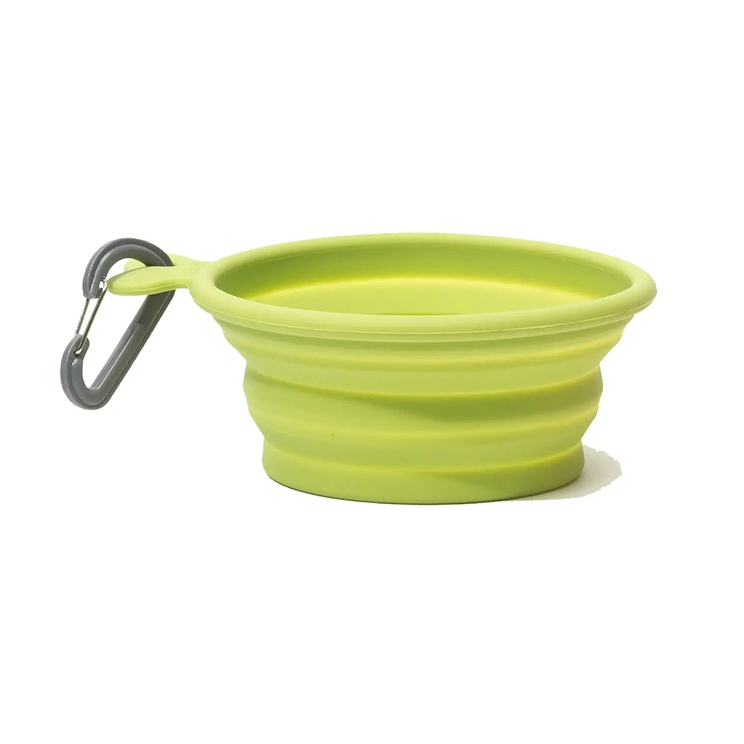 Isolated side view of a green collapsible bowl with a gray carabiner 