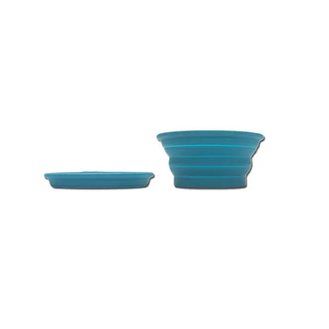 Side view of two isolated collapsible blue bowls, the bowl on the left is collapsed and the bowl on the right is extended
