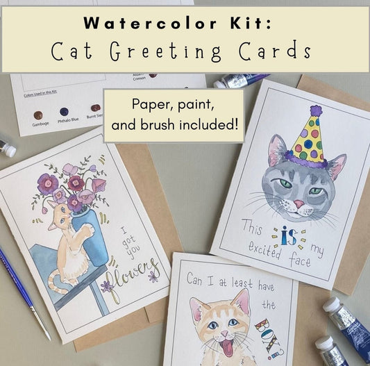 Three different cat greeting cards made with watercolor. The text on the image reads" Watercolor Kit: Cat Greeting Cards"