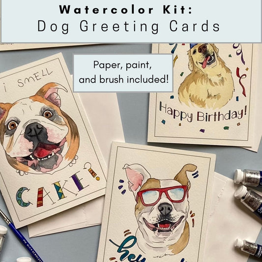 Watercolor Kit: Dog Greeting Cards - there are various watercolor post cards and text that says "Paper, paint, and brush included!"