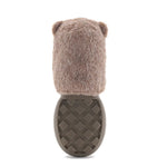 backside of the beaver dog toy showcasing fur and a hard plastic waffle-pattern beaver tail