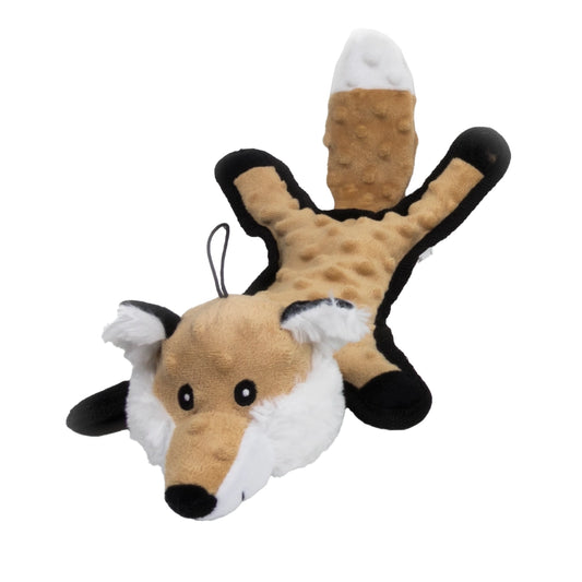 Isolated picture of a fox dog toy laying on its stomach.