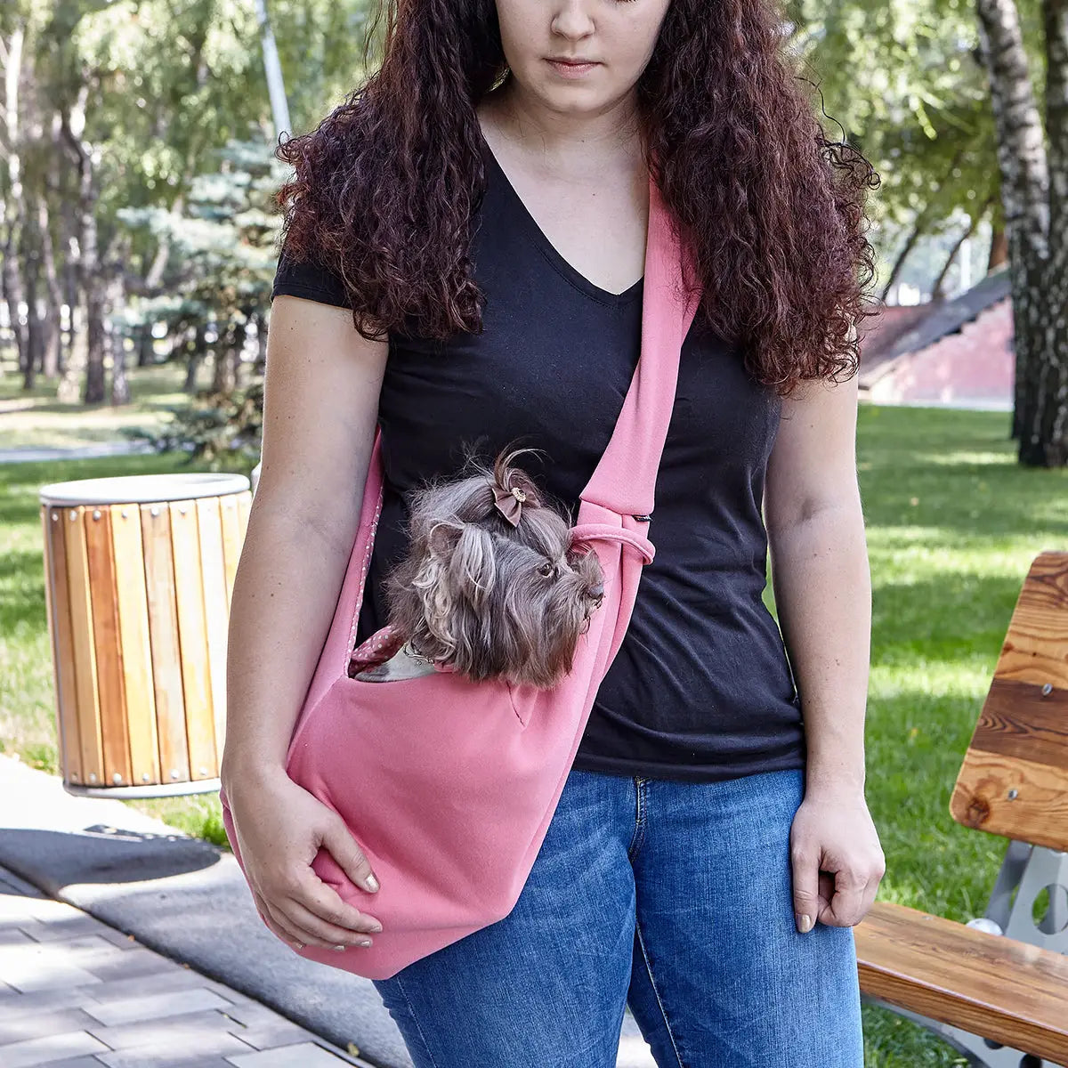 Little dog in a pink Pet Sling