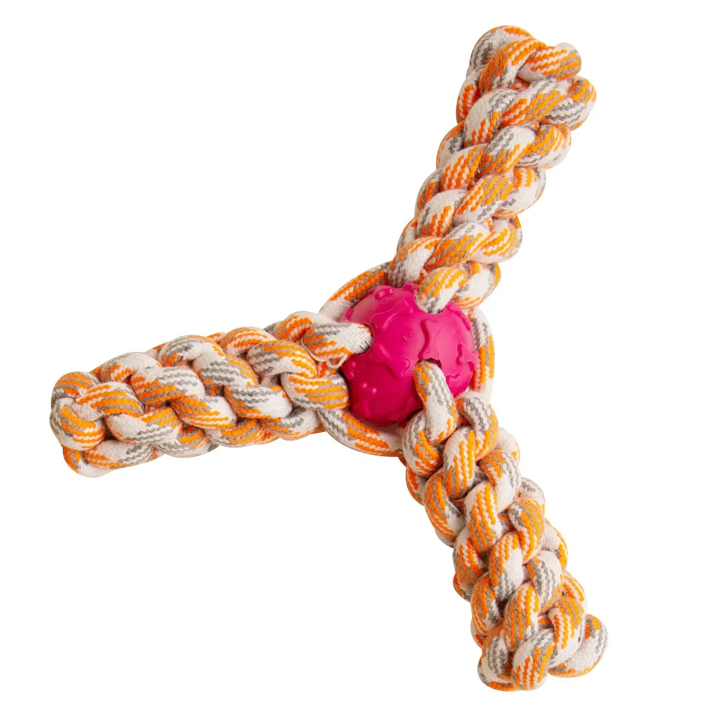 Fling N' Fun Rope Dog Toy is a braided rope dog toy with a pink ball in the center