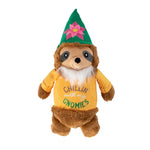 Chillin' With My Gnomies sloth dog toy with a pointy green hat with a pink flower printed on it. This sloth is a plushy dog toy with a yellow shirt.