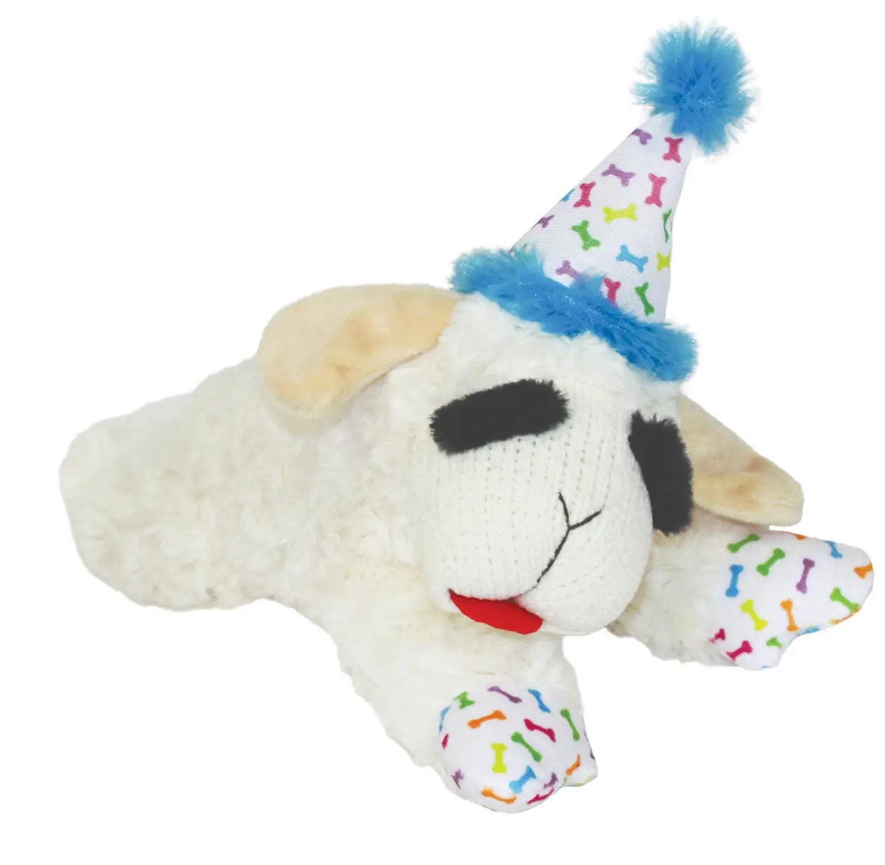 Isolated plush Lamb Chop toy wearing a white birthday party hat with a colorful bone pattern and blue ball on top