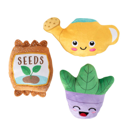 "Just Add Water" Gardening plushy 3-pack dog toys. This fun collection includes one plushy brown seed pouch, one plushy yellow watering can, and one plushy purple turnip.