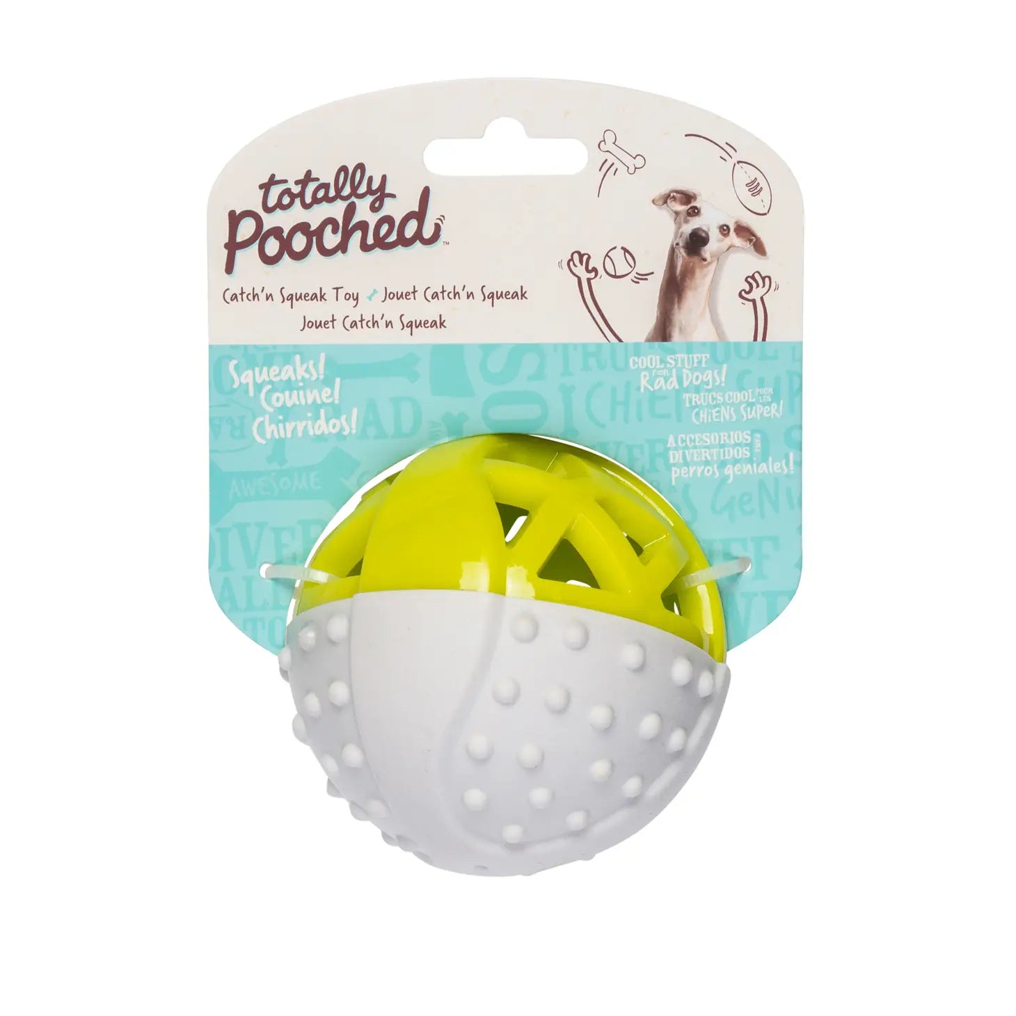 Isolated green and white Catch 'n Squeak dog toy showcasing the packaging.
