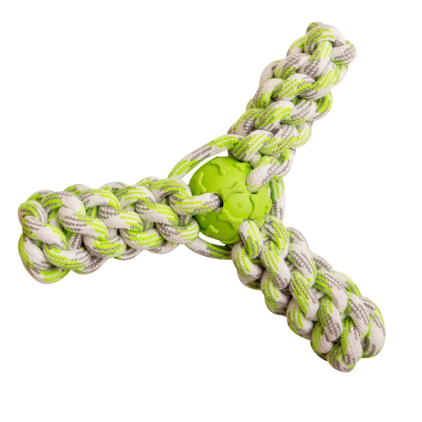Fling N' Fun Rope Dog Toy is a braided rope dog toy with a green ball in the center