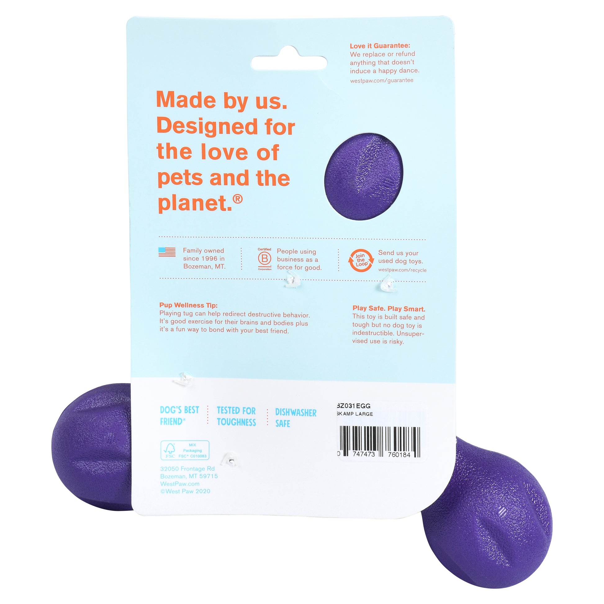 Rear view of a purple West Paw Skamp and packaging