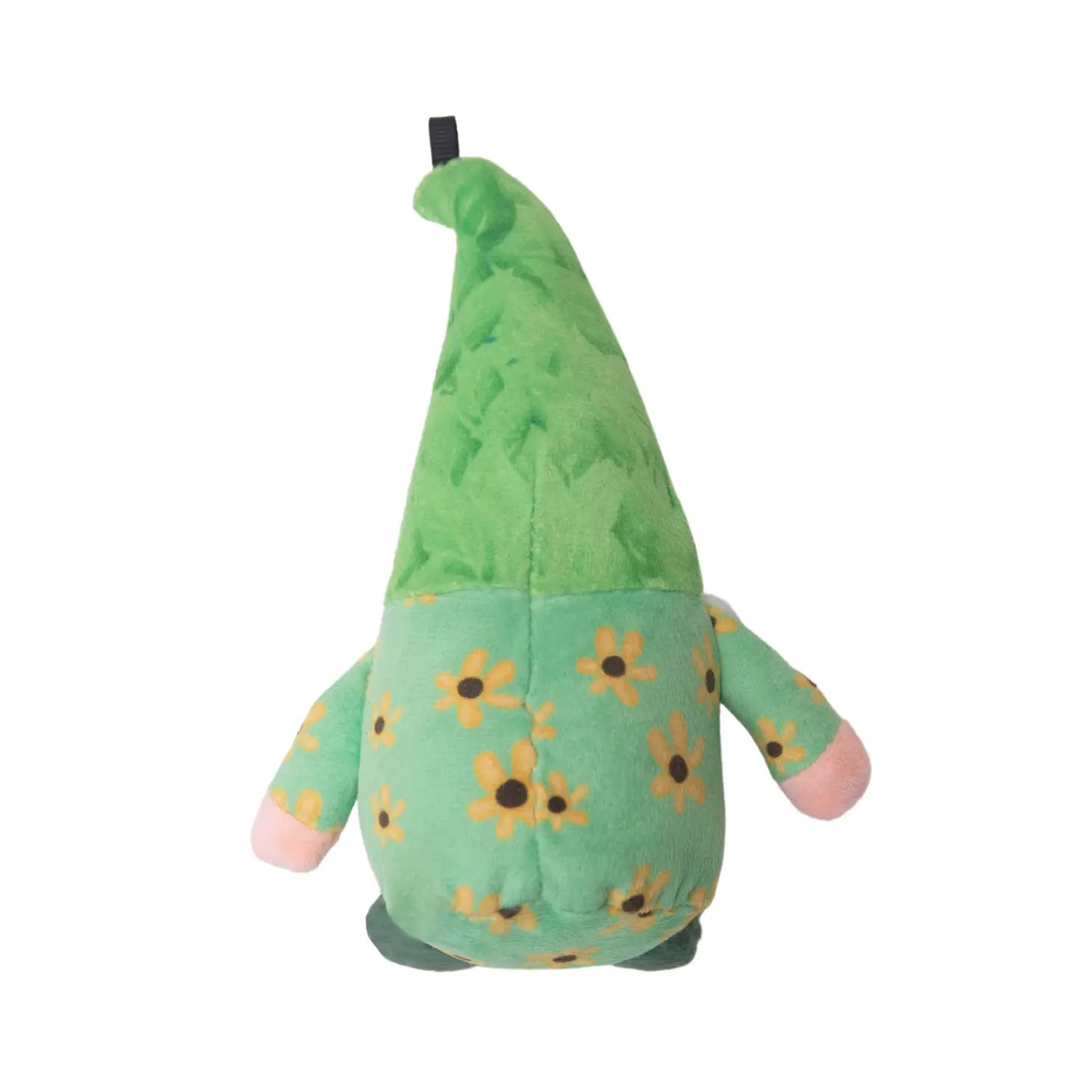 Isolated green gnome with its back facing the camera