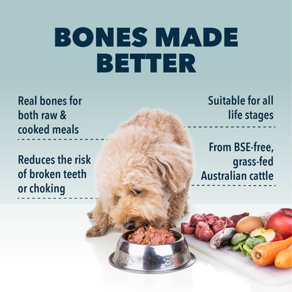 A medium sized dog enjoying meat out of a metal dog bowl. Fresh vegetables and meats are on the ground next to the dog. Gradient background. The text, from top to bottom reads "BONES MADE BETTER Real bones for both raw & cooked meals Reduces the risk of broken teeth or choking Suitbale for all life stages From BSE-free, grass-fed Australian cattle"