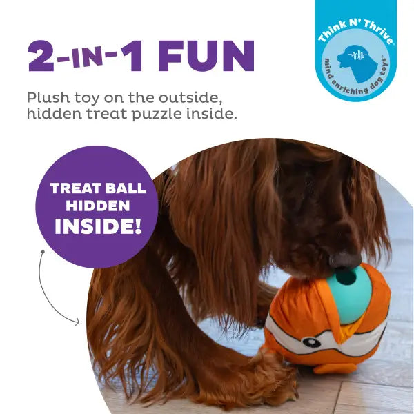 2-in-1 FUN Plush toy on the outside, hidden treat puzzle inside. Treat ball hidden inside!