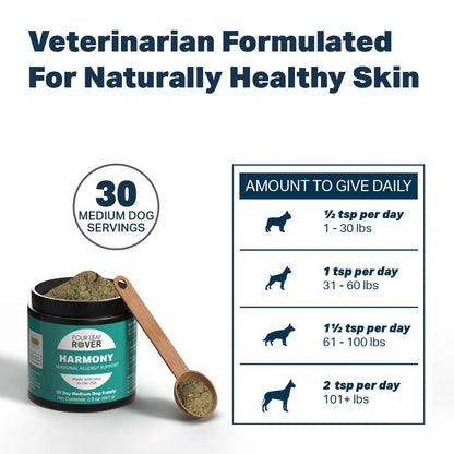 Veterinarian Formulated For Naturally Healthy Skin 30 MEDIUM DOG SERVINGS AMOUNT TO GIVE DAILY 1/2 tsp per day 1- 30 lbs 1 tsp per day 31 - 60 lbs 1 1/2 tsp per day 61 - 100 lbs 2 tsp per day 101+ lbs
