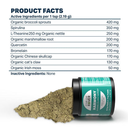 PRODUCT FACTS Active Ingredients per 1 tsp (2.19 g): Organic broccoli sprouts 420 mg Spirulina 350 mg L-Theanine250 mg Organic nettle 250 mg Organic marshmallow root 200 mg Quercetin 200 mg Bromelain 170 mg Organic Chinese skullcap 170 mg Organic cat's claw 130 mg Organic Irish moss 50 mg Inactive Ingredients: None 