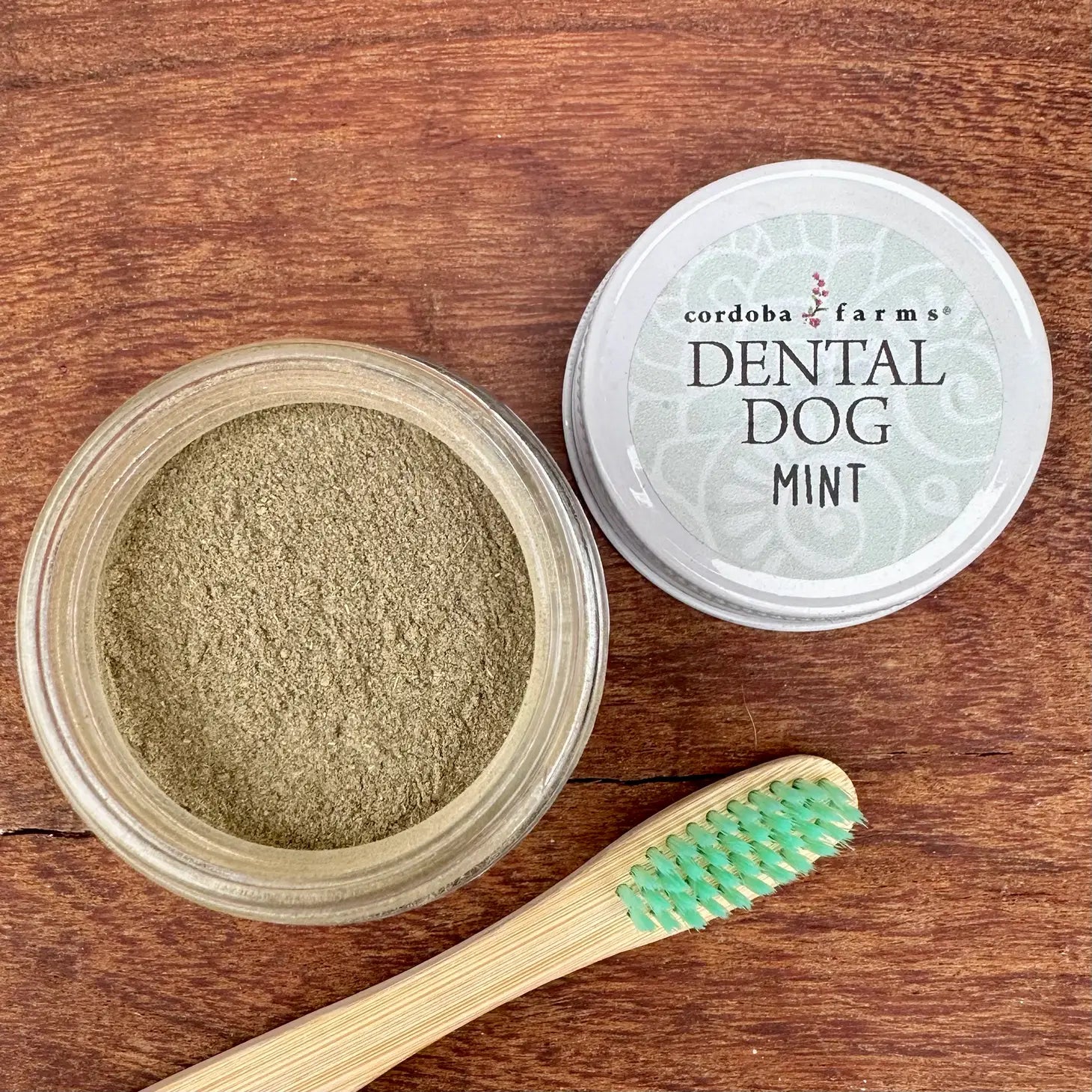 Cordoba Farms Dental Dog mint tooth powder lid and jar. The jar is open and showing its contents which is a light green powder. There is also a bamboo toothbrush with green bristles resting near the jar.