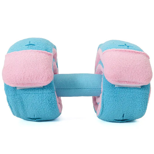 Pink and blue dumbbell snuffle dog toy