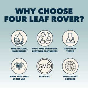 An Infographic that reads "WHY CHOOSE FOUR LEAF ROVER? 100% Natural Ingredients 100% Post Consumer Recycled Container 3rd Party Tested Made with Love in the USA Non-GMO Sustainably Sourced"