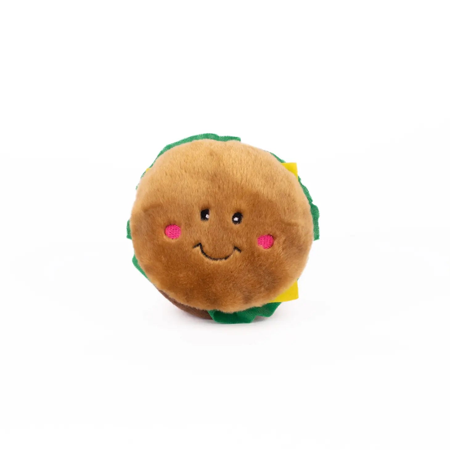 Top view of a plushy cheeseburger dog toy showing a big smile