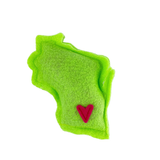 Green cat toy shaped like the state of Wisconsin with a heart over the Madison area
