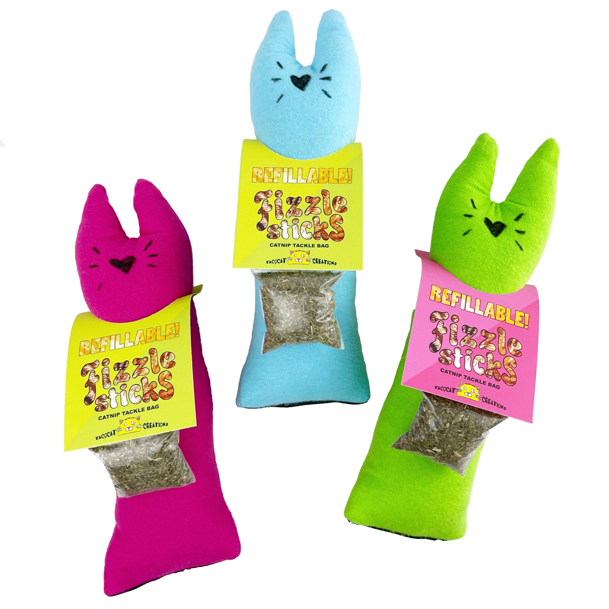 Pink, blue and green variations of Fizzle Sticks cat toys that also have catnip bags attached