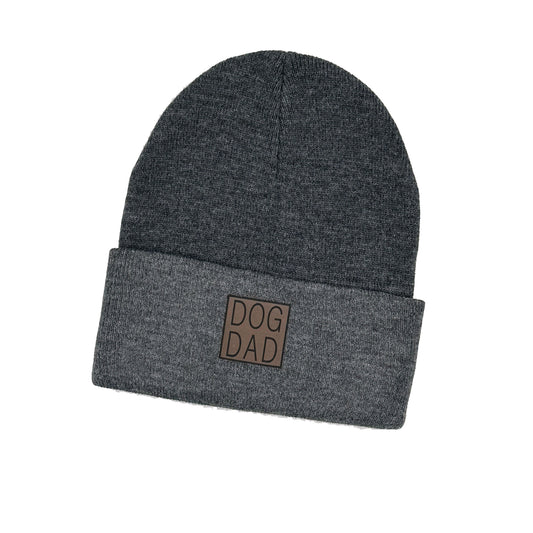 isolated gray dog dad beanie with a brown leather patch