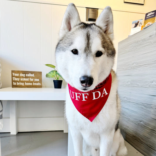 Red cotton tie-on dog bandana with white vinyl lettering saying "Uff Da"