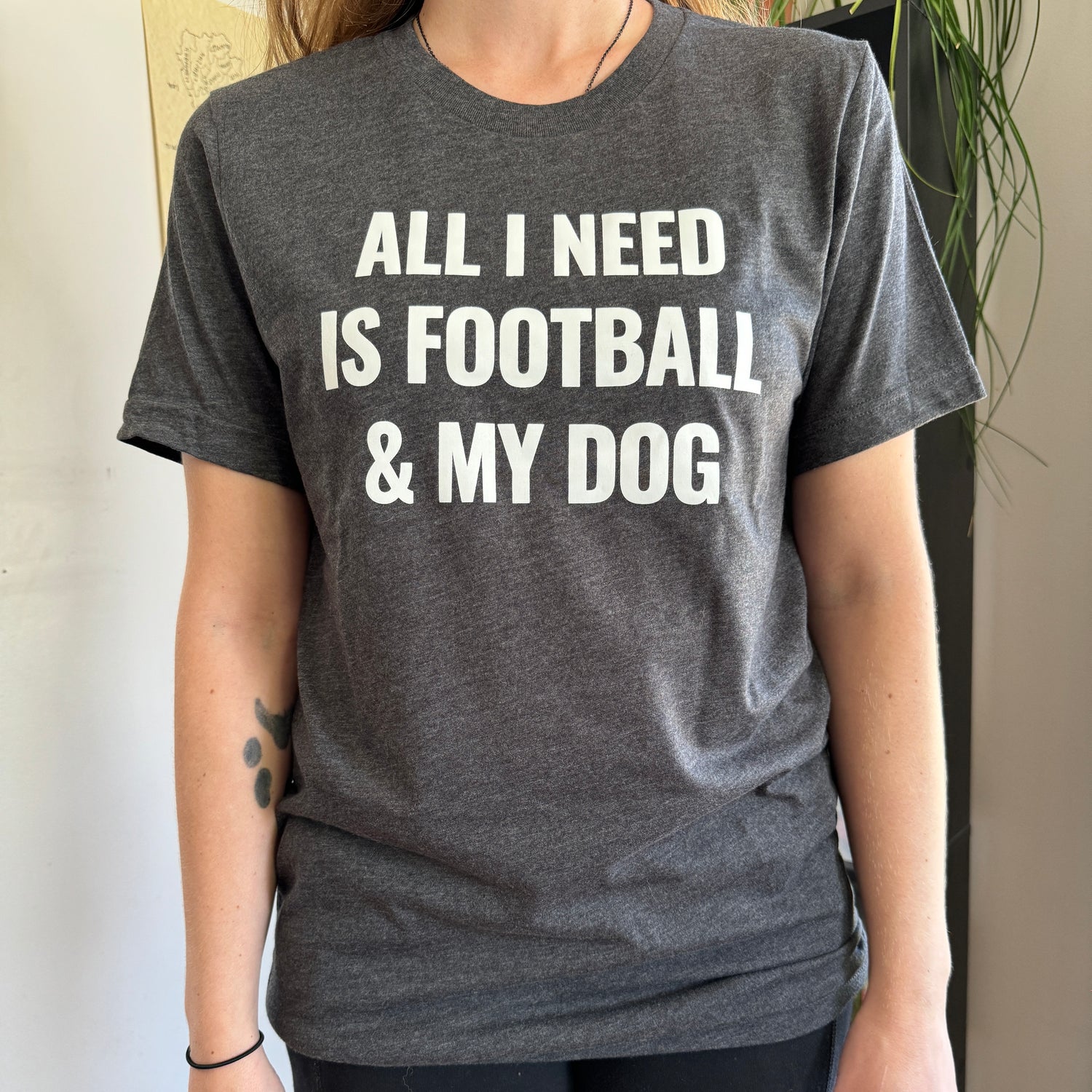 A grey t-shirt that says "ALL I NEED IS FOOTBALL AND MY DOG" in white bold lettering.