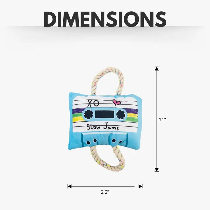 Dimensions for the Retro Cassette Dog Toy is 6.5" by 11"