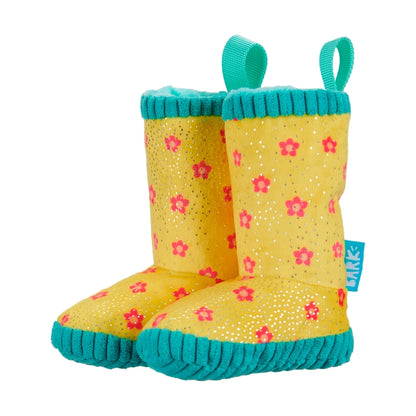 Isolated picture of Smelly Wellies dog toys which consists of two seperate yellow rain boots with teal trim and a pink flower pattern