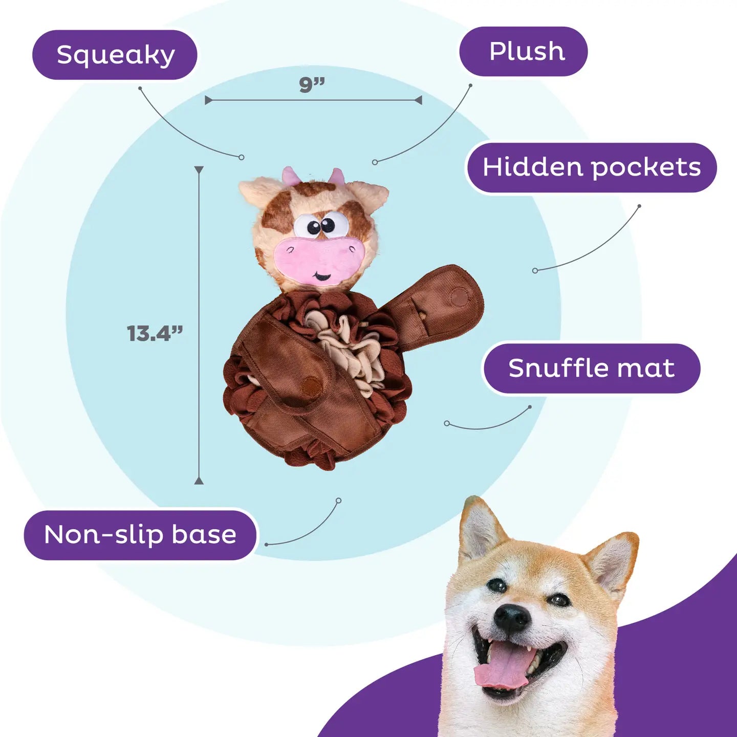 Snuffle Palz Cow Dog Toy is Non-slip base, Squeaky, Plush, Has hidden pockets and is a snuffle mat!