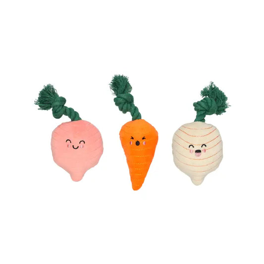 Three Spring Veggies Dog Toy Set isolated - one carrot one radish and one turnip with green rope stems