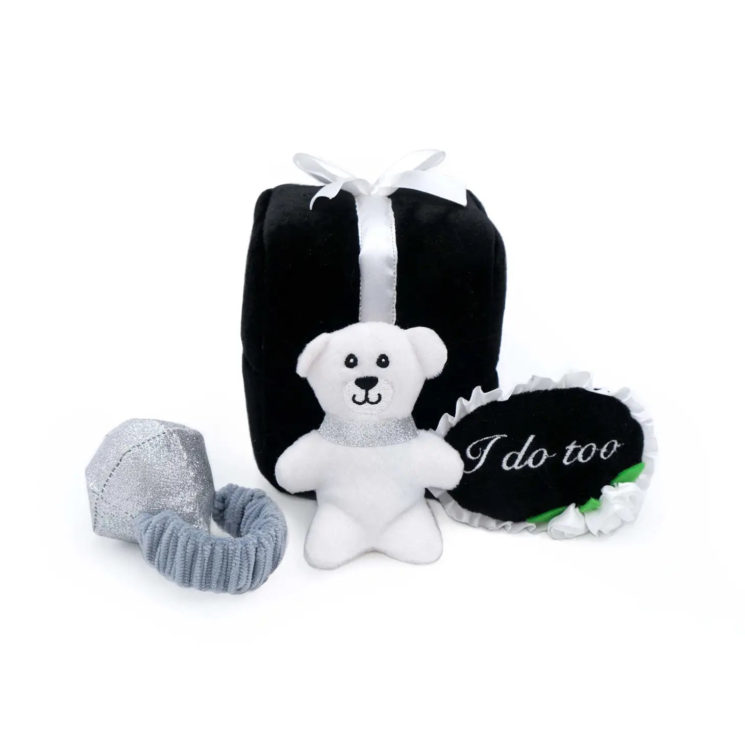 Wedding Burrow Dog Toy with a plushy ring, a plushy white bear, and an "I do too" plushy
