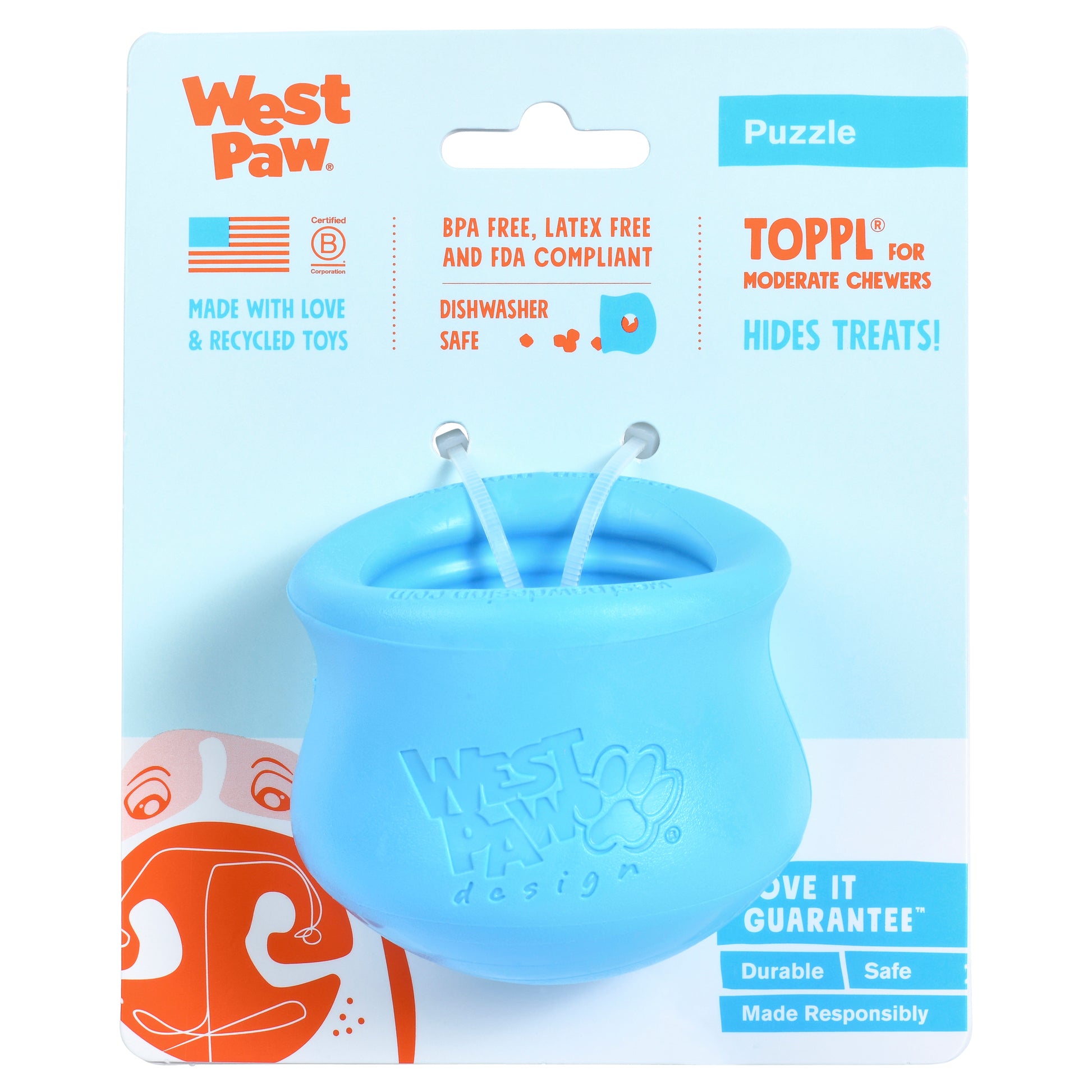 Blue West Paw Toppl and its packaging