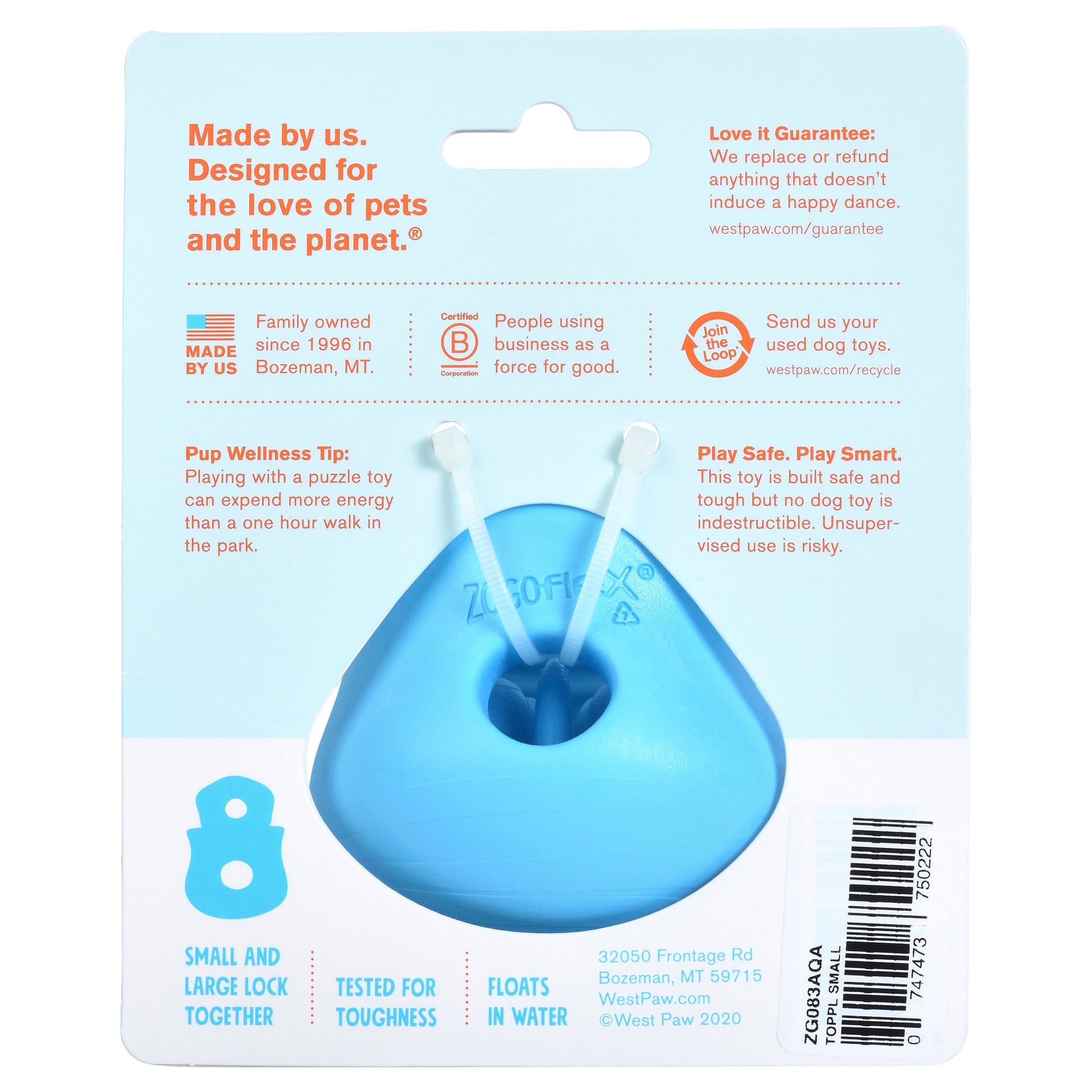 Rear view of a blue West Paw Toppl and its packaging