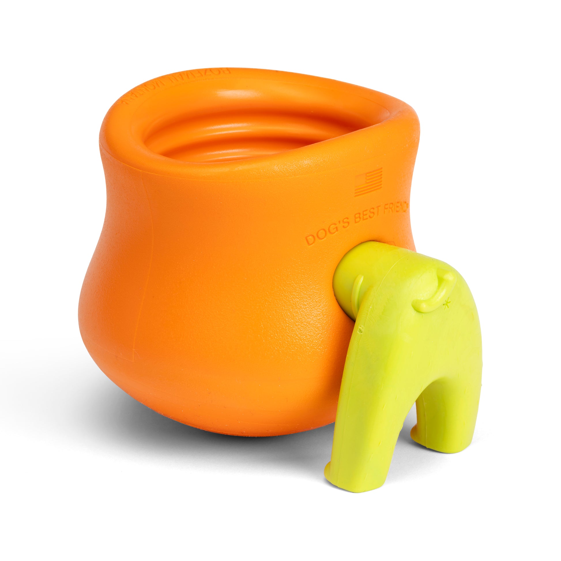 Rear view of an orange West Paw Toppl with a green West Paw Toppl Stopper plugged into it