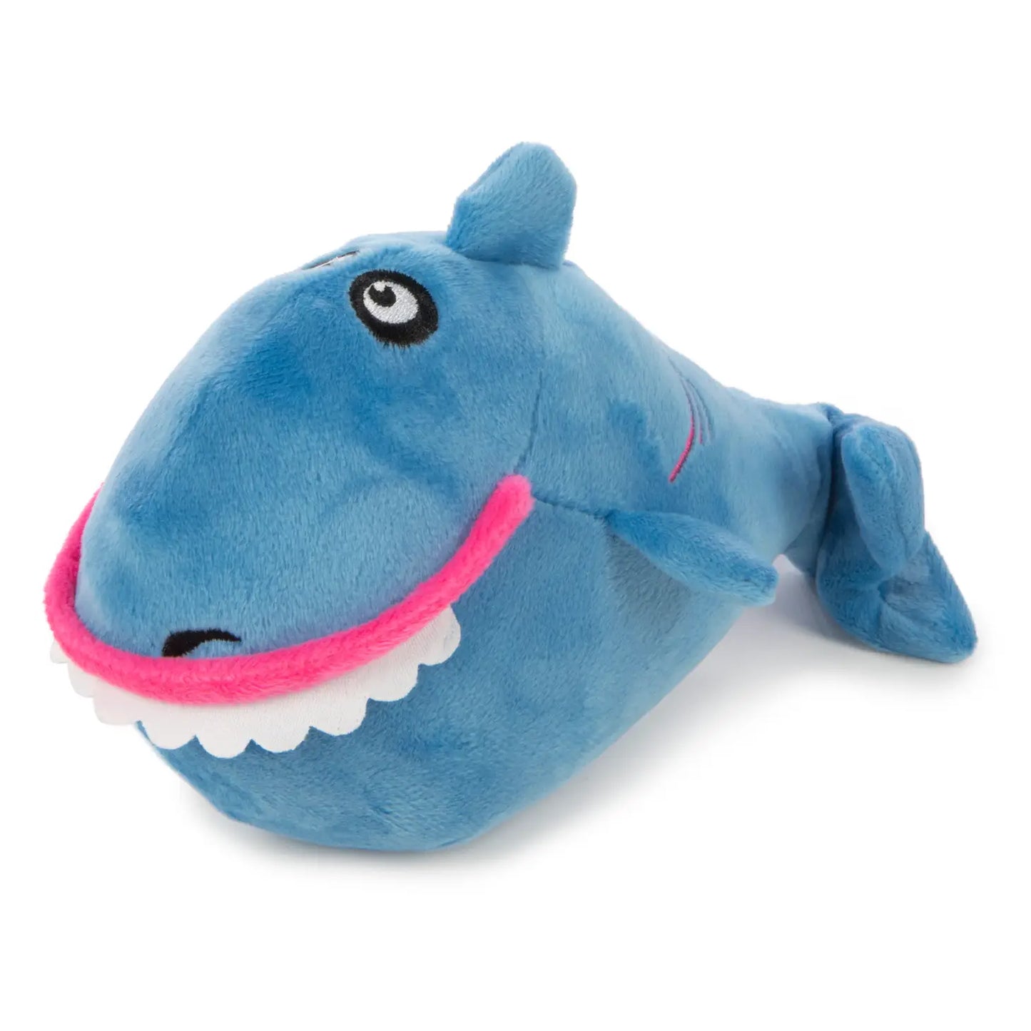 Isolated blue shark toy with a big mouth and teeth