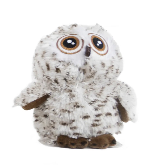 white and brown plus, baby owl dog toy that has a ball inside